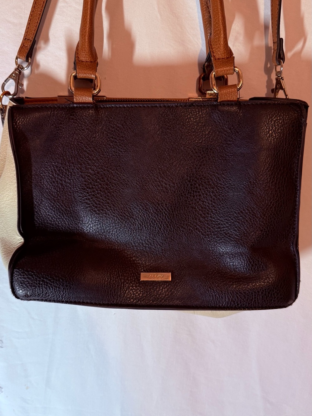 ALDO Colorblock Satchel Crossbody Bag Black Brown Cream Gold Hardware Purse - Picture 7 of 12